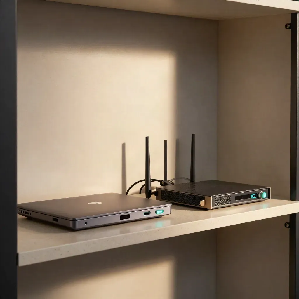 Laptops fechados e drives de sincronização em prateleira travertino, com roteador mesh e LED teal.