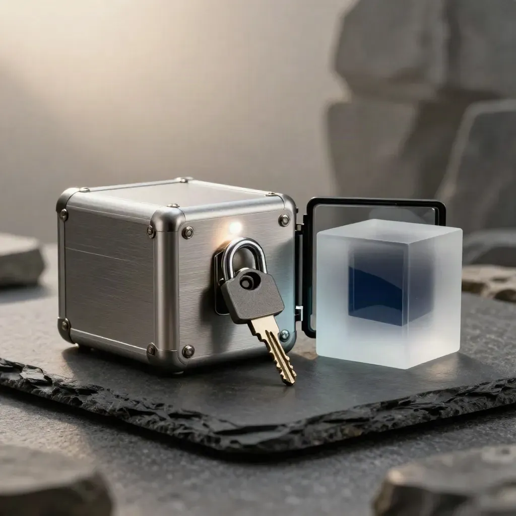Case blindado de backup, chave de hardware e cubo de vidro fosco sobre pedra escura, luz tensa.