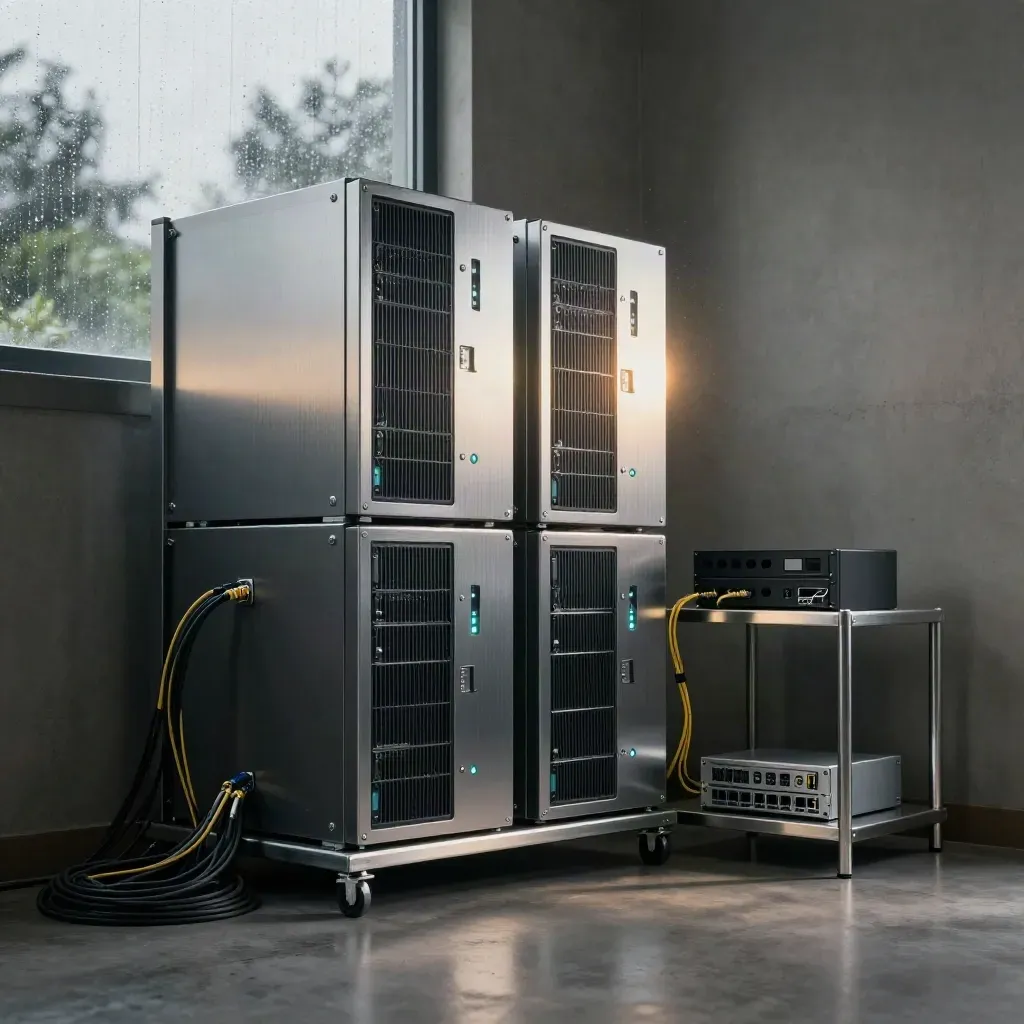 Torre de backup em sala técnica úmida, com NAS, SSDs, roteador de fibra e luzes teal.