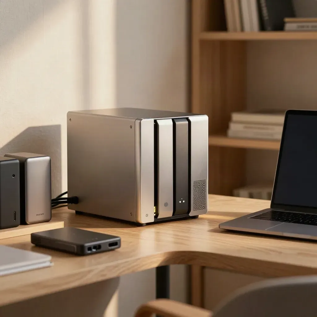 Canto de escritório com NAS novo, notebook fechado e dois drives externos restaurados