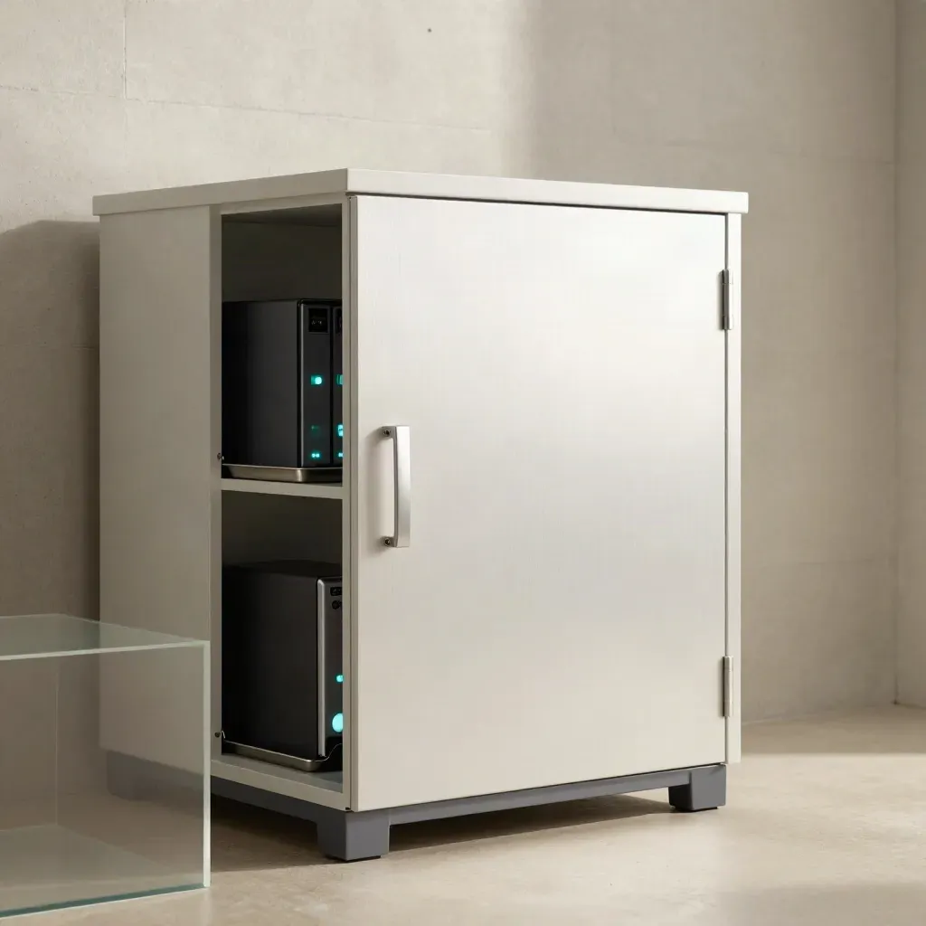 Armário clínico com NAS, drives de backup e bandeja de armazenamento em sala limpa.