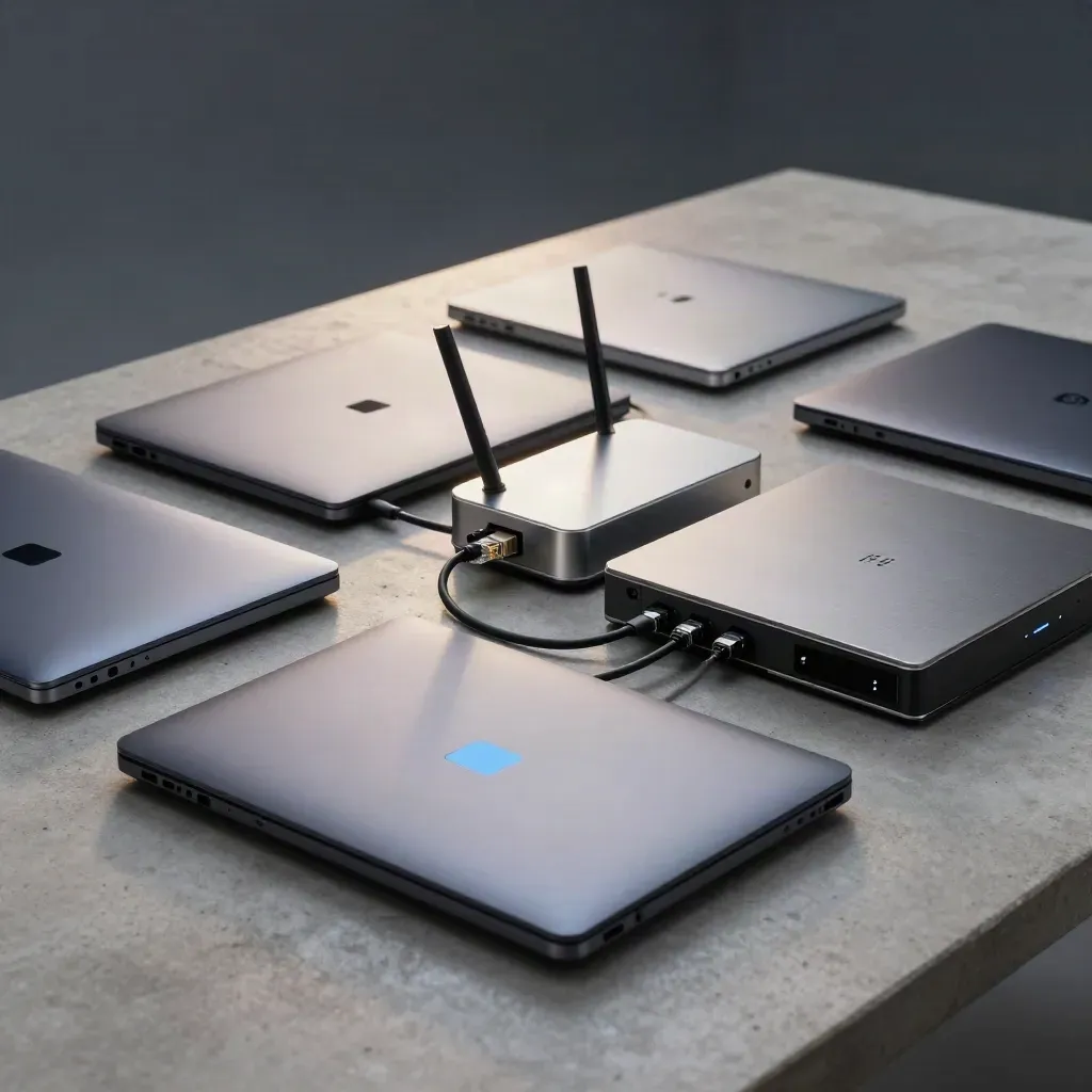 Quatro notebooks fechados sincronizados ao redor de um roteador e dock de drives, com LEDs azuis suaves.
