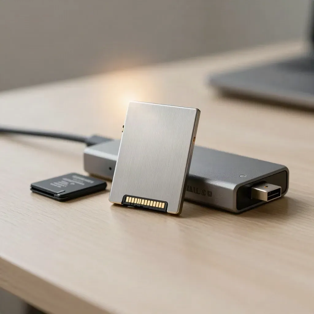 SSD, adaptador microSD e dock USB com LED sobre madeira clara.