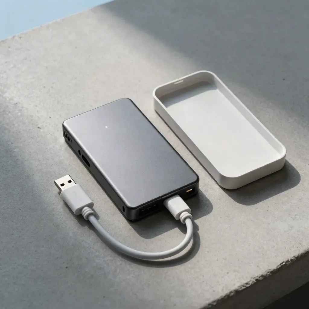 Disco de backup restaurado, cabo USB limpo e bandeja vazia sobre concreto, com luz suave azulada.