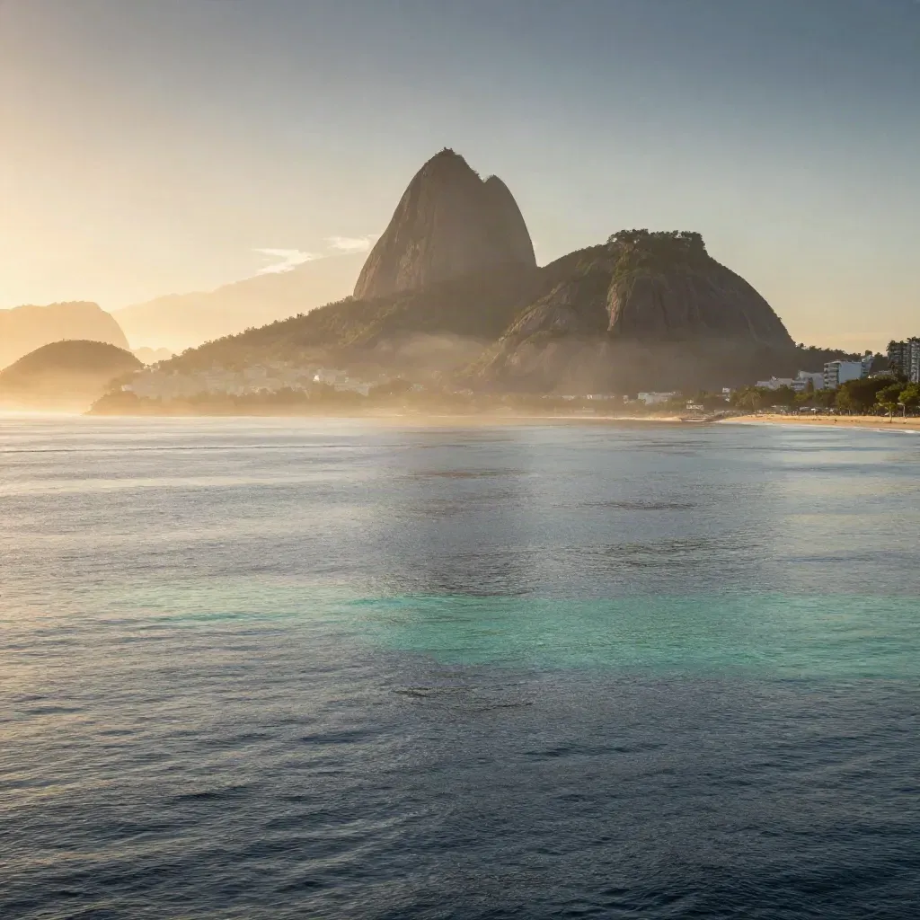 Baía de Guanabara ao entardecer com o MAC e o Pão de Açúcar sob névoa dourada.