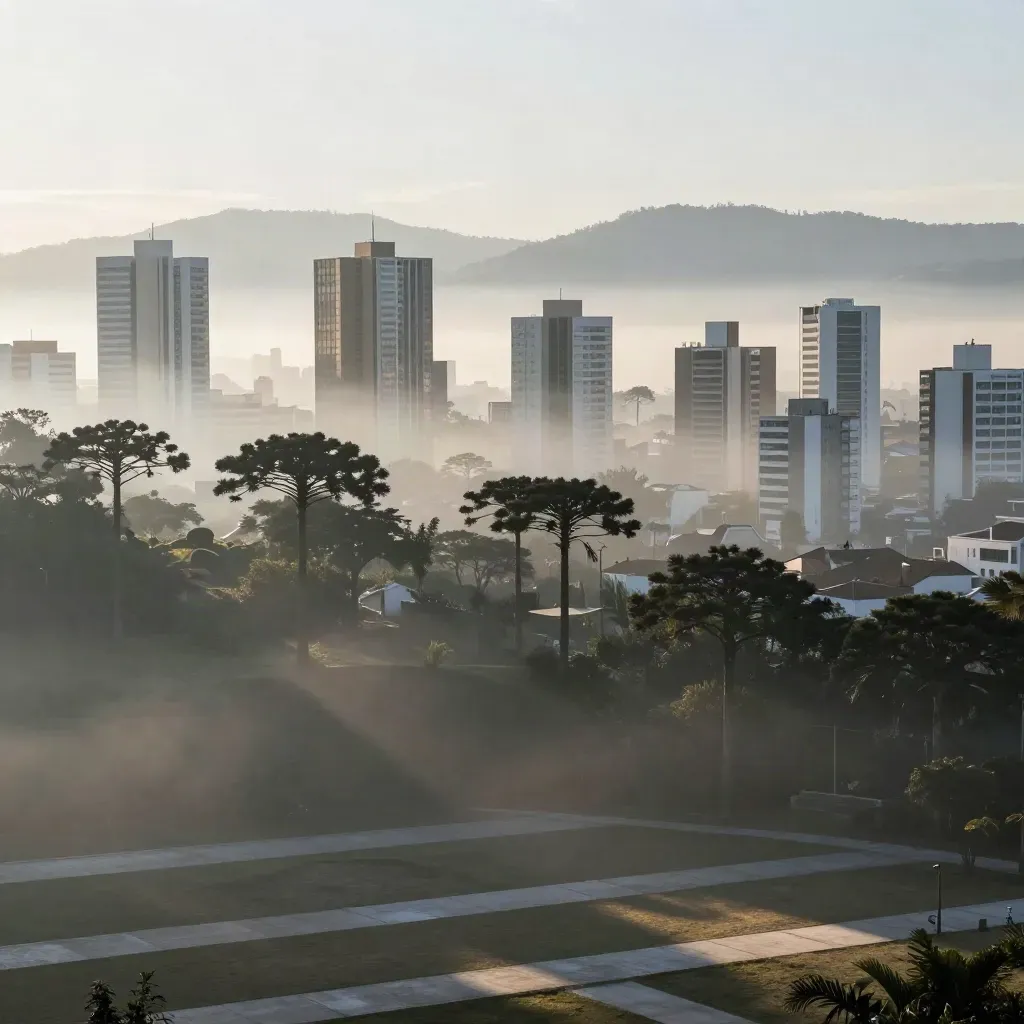 Vista aérea de Curitiba com araucárias, névoa e serras ao fundo